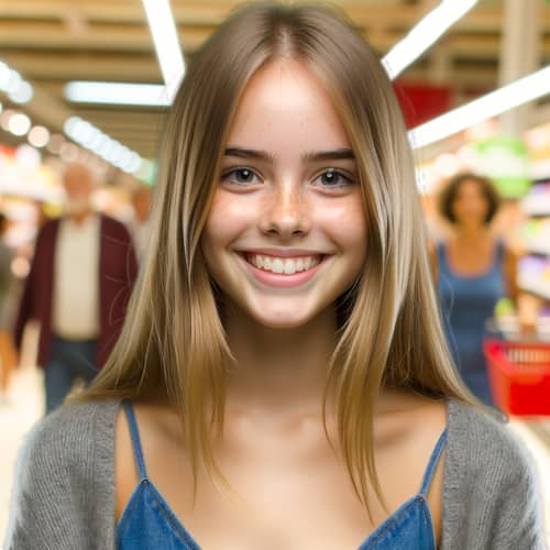 Beautiful Teenage Girl with Blonde Hair in Supermarket