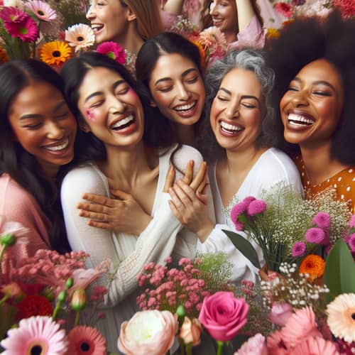 International Women's Day Celebration with Multiracial Women and Vibrant Flowers