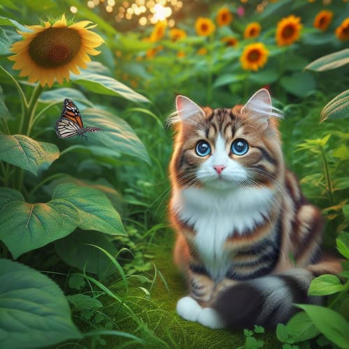 Adorable Cat with Dark Brown and White Stripes in a Garden