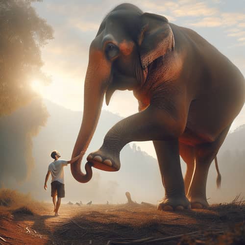 Gigantic Elephant and Person Interaction
