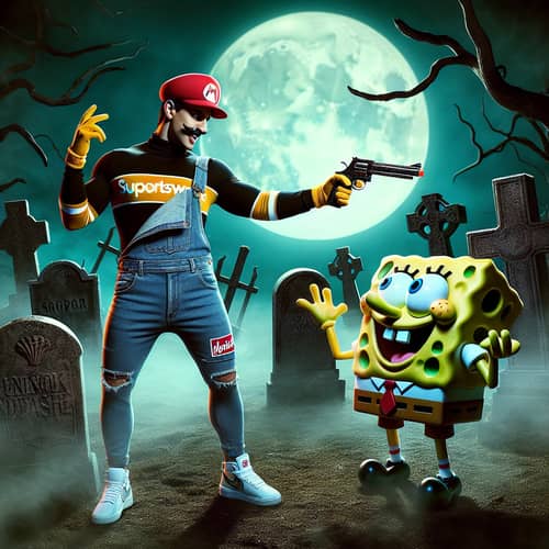 Plumber vs Sponge Cartoon in Gothic Cemetery Scene