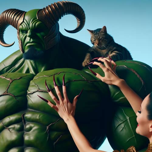 Woman with Long Cat-Like Nails Scratching a Green Humanoid's Back