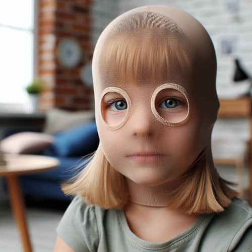Creative Child Playing with Pantyhose Mask - Fun Home Costume