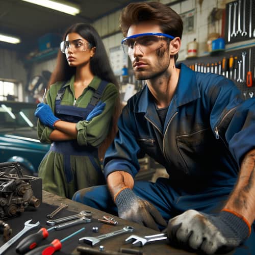 Professional Auto Repair Workshop: Male Mechanic & Female Apprentice