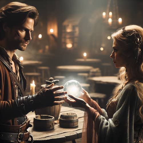 Intense Discussion in Dimly Lit Tavern - Man and Sorceress Meeting