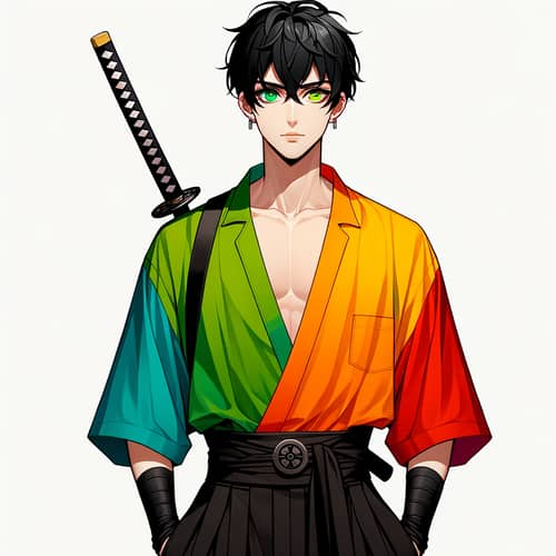 Young Man Fashion with Green Eyes and Katana - Trendy Style