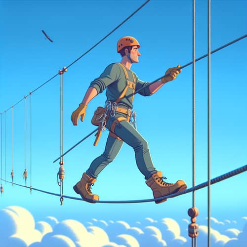 Balancing Act: Caucasian Man Walking Tightrope