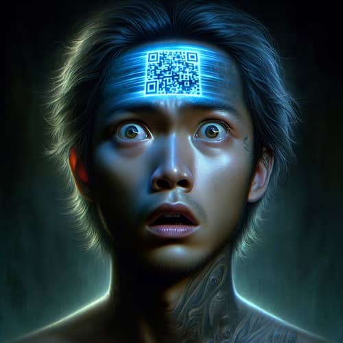 Ultra-Realistic Evolved Portraiture: Frightened South Asian Man with Glowing QR Code Tattoo