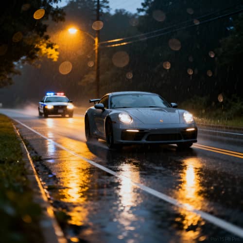 Realistic Rainy Chase: Grey Sports Car & Police