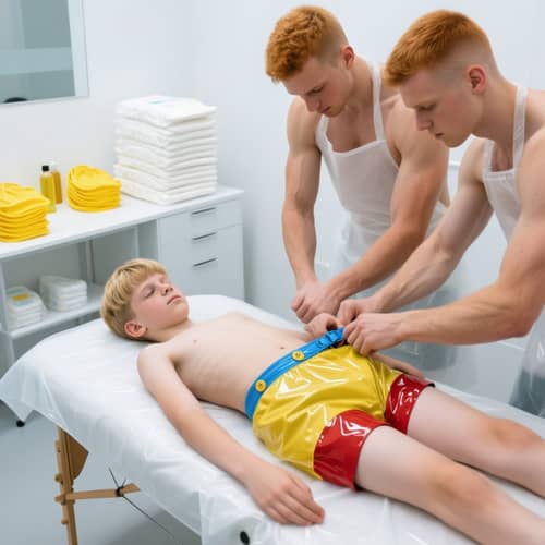 Teenager in PVC Diaper Brief Getting a Massage