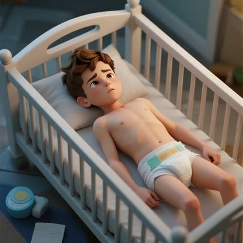 14 Year Old Boy in Baby Bed - 3D Render