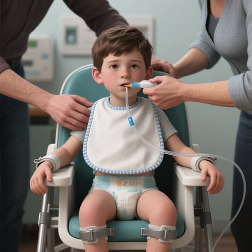 3D Render: Boy in High Chair with Medical Feeding Tube