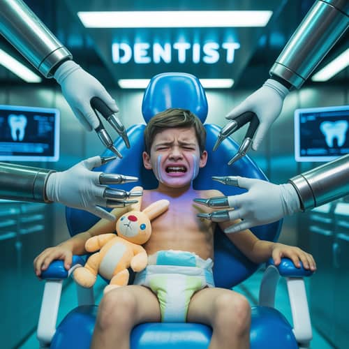 Cyberpunk Dentist Scene with a 14-Year-Old