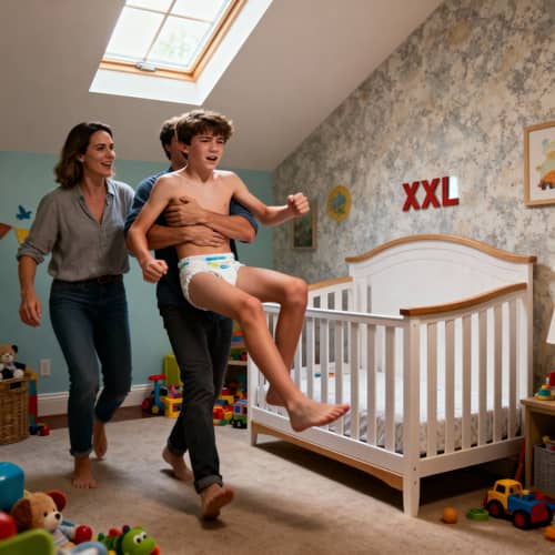 Teenager's Playful Resistance in XXL Baby Bed