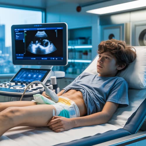 Unhappy Boy Undergoing Medical Tests in Lab