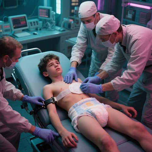 Cyberpunk Teenager in Uncomfortable Laboratory Scene