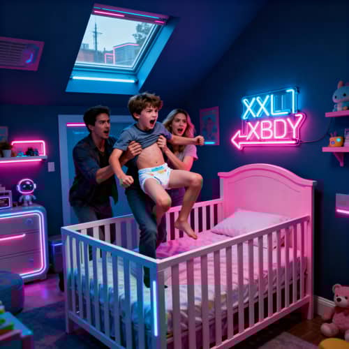 Cyberpunk Teen in Playful Baby Room: A Unique Take
