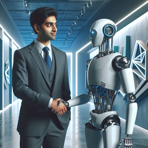 Futuristic Robot Handshake in Modern Art Setting