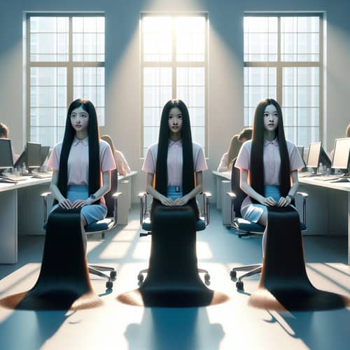 Asian Teenage Girls in Sunlit Office with Long Black Hair