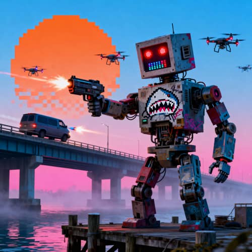 Cyberpunk Robot in Pixel Sunrise Scene Cyberpunk Robot in Pixel Sunrise Scene