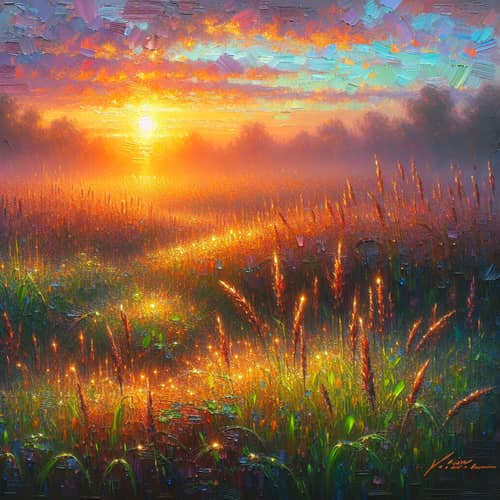 Vibrant Sunrise Painting: Impressionist Meadow Art