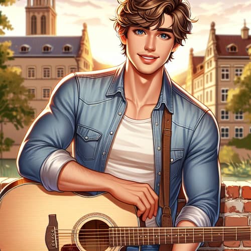 Charming Guitar Player in Serene City Park | Young Adult Male