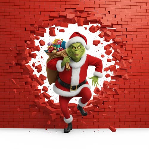 The Grinch in Santa Claus Outfit Breaking Through Wall