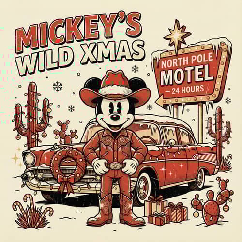 Retro Western Christmas Illustration - Mickey Mouse