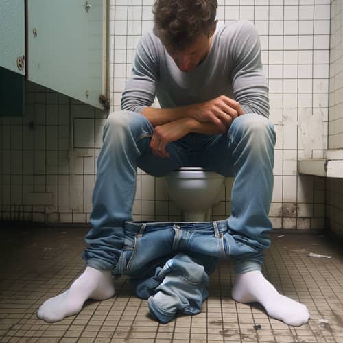 Casual Caucasian Male in Shoeless Restroom