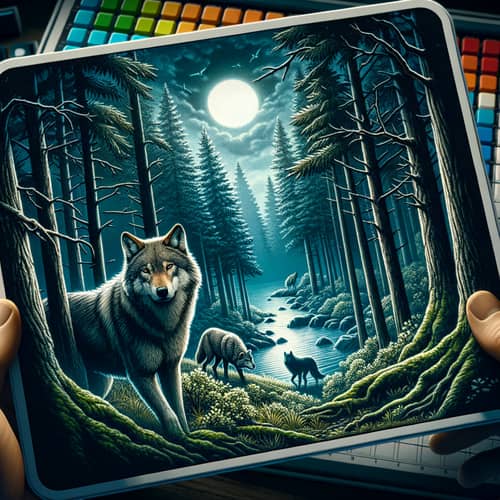 Wolf Pack in Nocturnal Forest Landscape