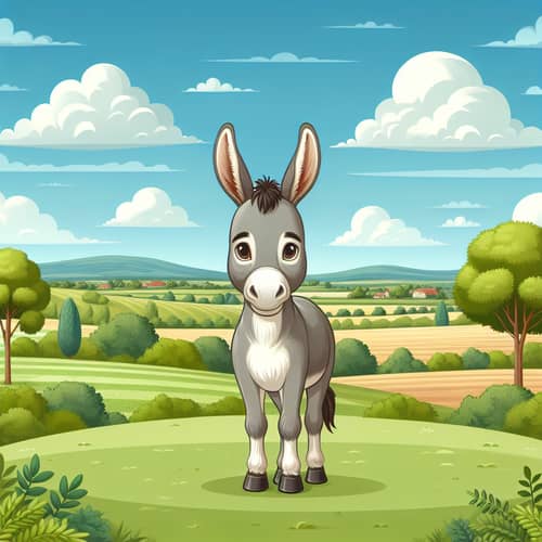 Tranquil Donkey in Green Field | Rural Landscape View