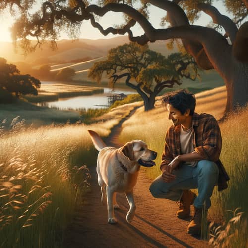 Hispanic Man with Labrador Retriever on Countryside Trail