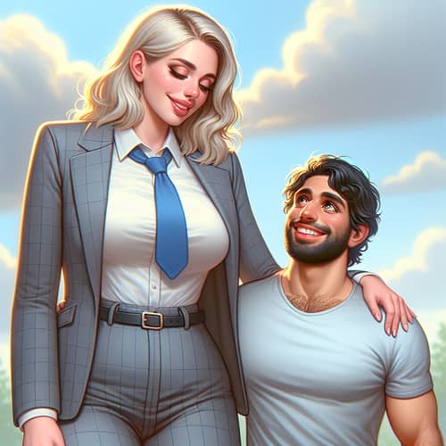 Captivating Interaction Between Tall Hispanic Woman and Short Middle-Eastern Man