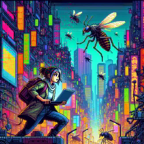 Cyberpunk Cityscape: Digital Bug Infestation | Female Hunter Pixel Art
