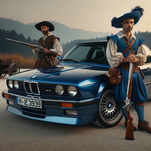 Blue BMW 325is Parked with 17th-century Musketeers