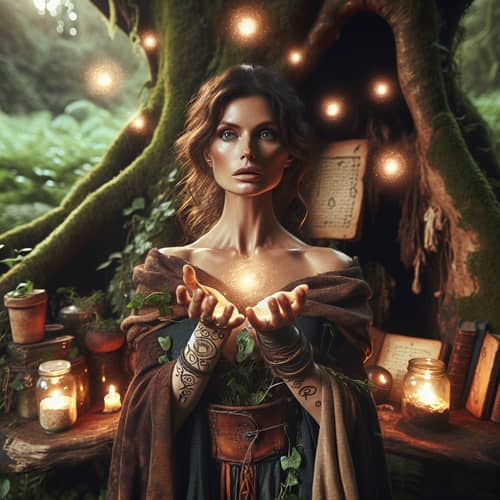 Earth-Toned Hispanic Female Magician in Mystical Clearing