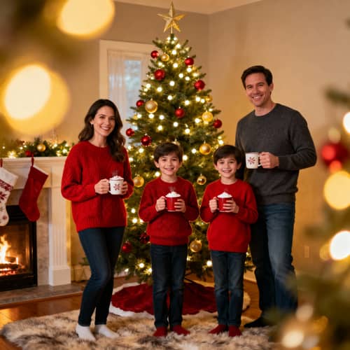 Cozy Family Christmas Photo with Twinkling Lights