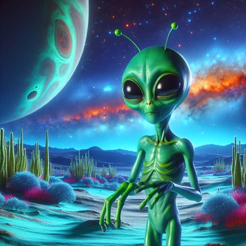 Curious Green Alien Exploration in Vibrant Galaxy Setting