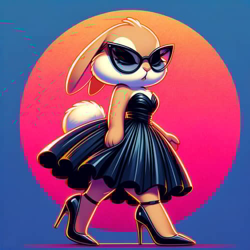 Stylish Animated Bunny in Black Cocktail Dress and High Heels