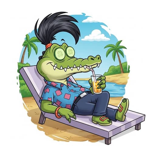 Relaxing Cartoon Crocodile in Tropical Paradise