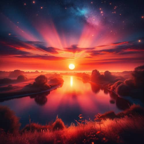 Tranquil Sunset Landscape | River, Foliage & Serene Charm