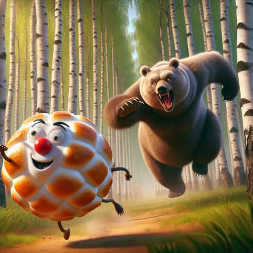 Action Scene: Kolobok and Bear Chase in Russian Forest