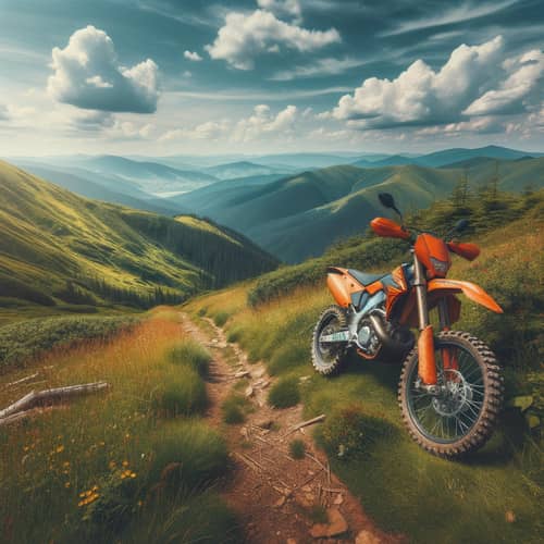 Orange Enduro Motorcycle in Mountain Landscape