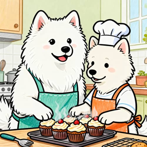 Playful Samoyed Dogs Baking Fun Cupcakes Playful Samoyed Dogs Baking Fun Cupcakes
