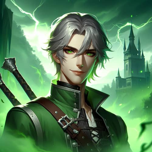 Young Male Necromancer Portrait with Silver Hair & Green Eyes
