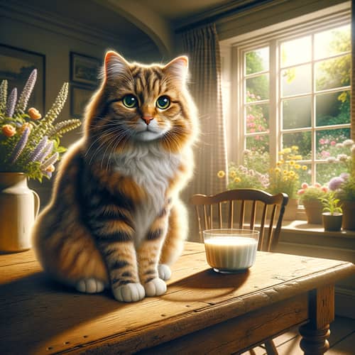Cozy Home Scene with Fluffy Ginger Cat on Oak Wood Table