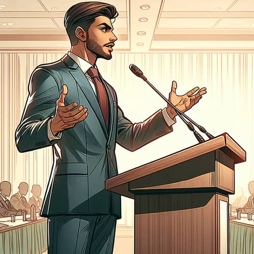 Professional Middle-Eastern Businessman Speaking at Conference Podium