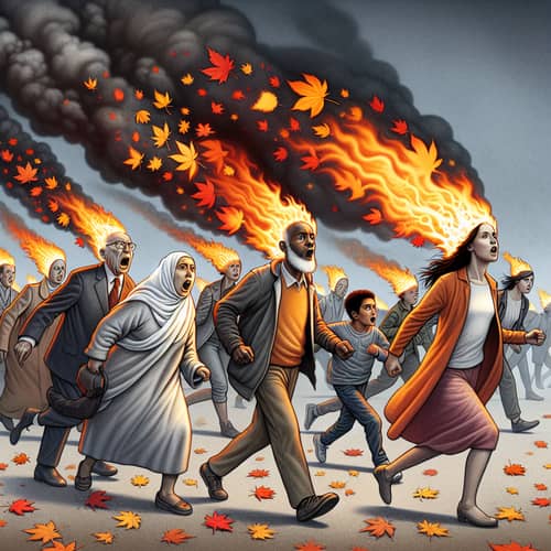 Symbolic Representation of Climate Change - People Running with Fire on Their Heads