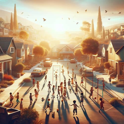 Serene Suburban Scenery with Diverse Children Playing