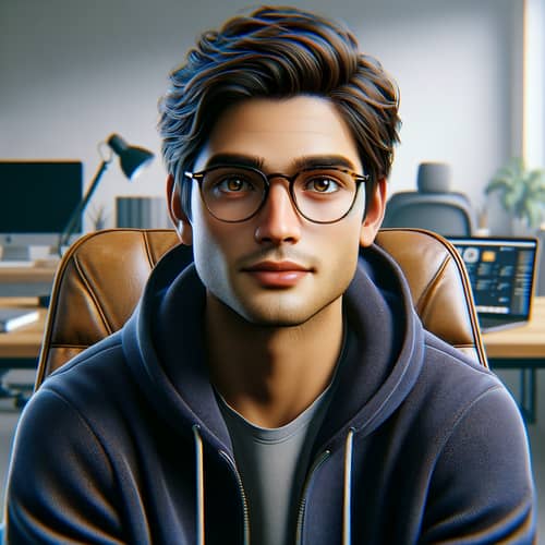 Professional South Asian Man with Eyeglasses in Navy Blue Hoodie